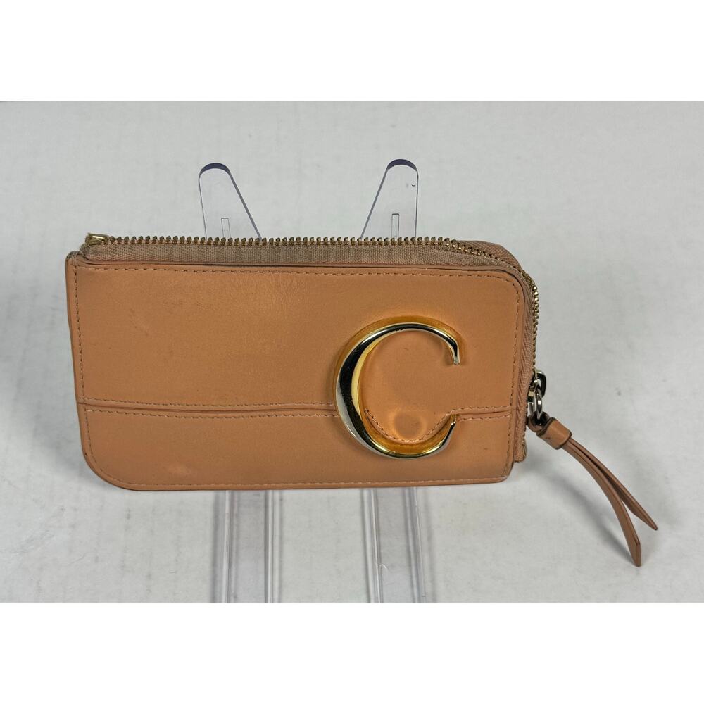 Chloe C Leather Zip Card Holder Wallet Blush Pink Gold Logo Compact Wallet